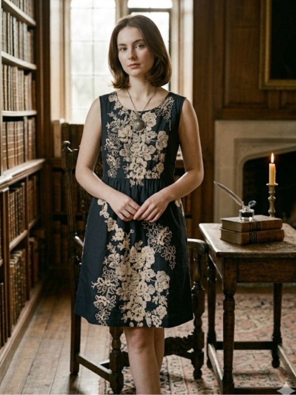 J. Crew Black Sleeveless Mini Dress with Cream Floral Embroidery